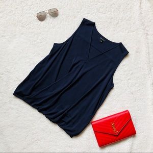 Ann Taylor faux wrap sleeveless top in navy blue